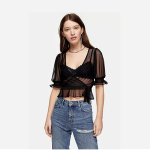Black Mesh Wrap Top